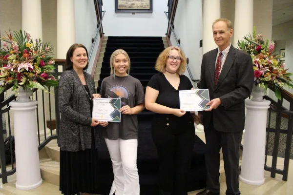 Pictured, from left, are Krystle Davis, senior director of Donor Relations at the MU Foundation, Southwestern District Labor Council Scholarship recipients Rylee Spry and Cidney Fortney, and Dr. Joe Wyatt, Labor Council trustee and MU professor emeritus
