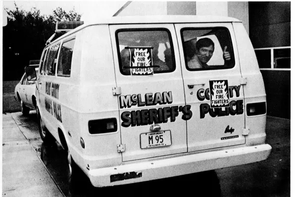 Striking Normal Fire Fighters being transported in a county sheriff's van, April 1978, David Nelson photo.