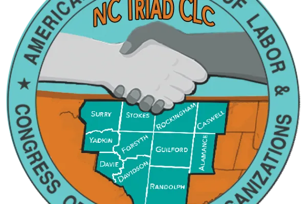 11 Counties of North Carolina make up the Triad CLC. This logo shows those counties in relationship to one another with the central labor. Council shaking hands symbol across the top inside of a circle.