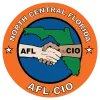 Logo of hands shaking set over the state of Florida. One hand says AFL and the other says CIO. In the border above that it reads North Central Florida and at the bottom it reads AFL-CIO.