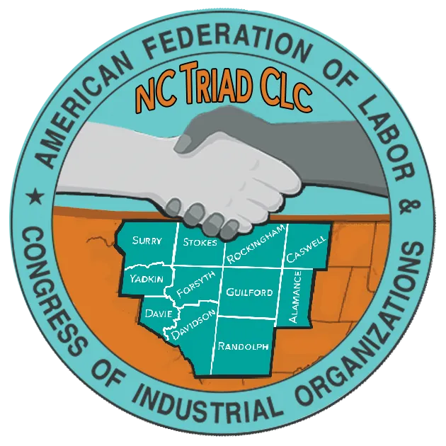 11 Counties of North Carolina make up the Triad CLC. This logo shows those counties in relationship to one another with the central labor. Council shaking hands symbol across the top inside of a circle.