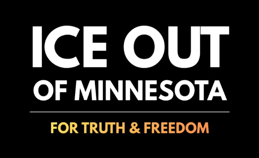 Black background with bold white text reading “ICE OUT OF MINNESOTA.” Below a thin white line, smaller text reads “FOR TRUTH & FREEDOM” in a yellow-to-orange gradient.