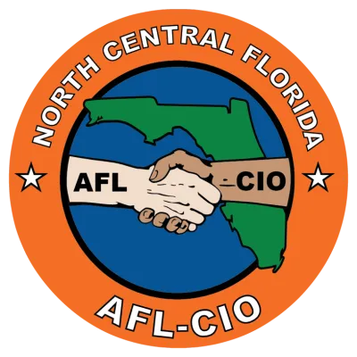 Logo of hands shaking set over the state of Florida. One hand says AFL and the other says CIO. In the border above that it reads North Central Florida and at the bottom it reads AFL-CIO.