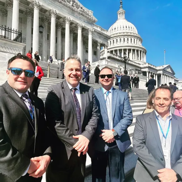 Mike Raikes (IBEW 197), Congressman Eric Sorensen, Ron Paul (LIUNA 362) and Jerry Kelleher (UA 99) visit with Congressman Eric Sorensen, shortly before he spoke on the House floor supporting labor's endorsed PROAct.  The three union leaders were on McLean County's The Economic Development Council's annual Washington, D.C., "One Voice" trip.  The delegation included business, government, education and labor leaders, lobbying for funding for local projects. 